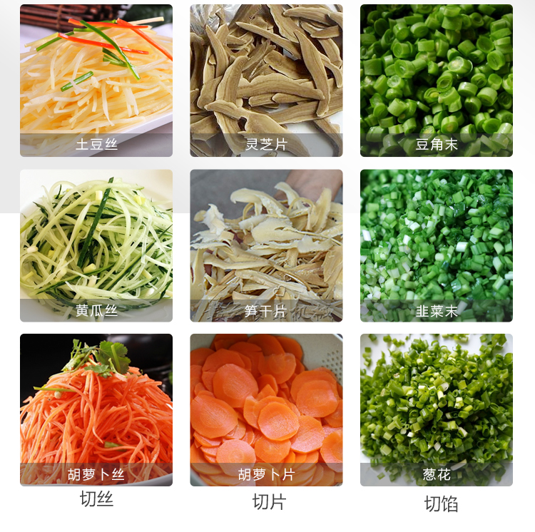 切菜机无论是切土豆丝，切灵芝片，切豆角末，切黄瓜丝，切笋干片，切韭菜末等